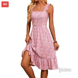 Summer Midi Dress Elastic Straps Square Neck Flowy A-Line Sundress